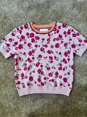 Free Assembly Pink Floral Short-Sleeve Knit Top with Orange Trim